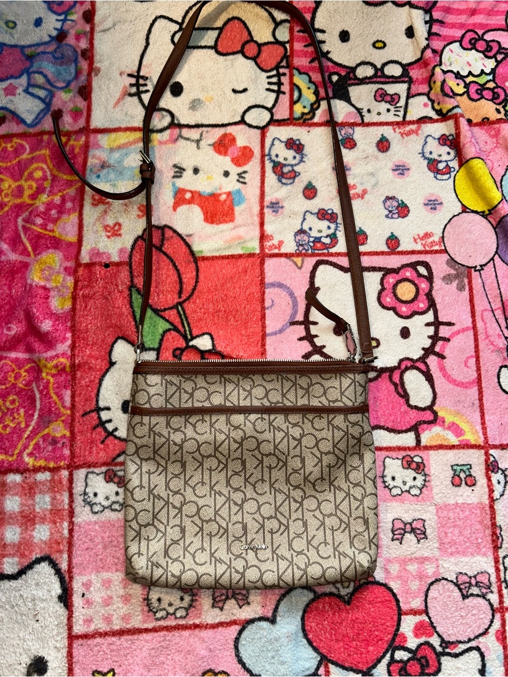 Calvin Klein Beige Logo Crossbody Bag with Brown Strap